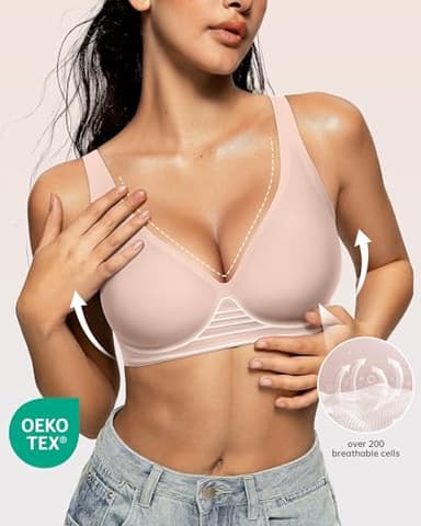 OEAK Womens Deep V Bras Wireless Comfortable Bra Supportive No Underwire Bras Tshirt Push Up Bralettes Plunge Seamless Bra Nude L - Image 2