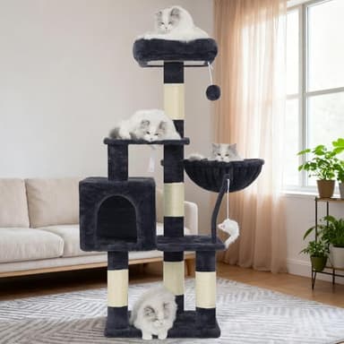 Heybly Cat Tree with Toy, Cat Tower Condo for Indoor Cats, Cat House with Padded Plush Perch, Cozy Hammock and Sisal Scratching Posts, Smoky Gray HCT004SG - Image 8