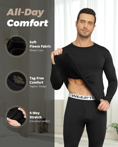 WEERTI Thermal Underwear for Men Long Johns with Fleece Lined Base Layer Men Cold Weather Top Bottom Black - Image 2