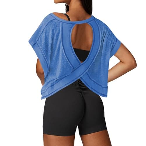 UNIANKIYA Open Back Workout Tops for Women Loose Fit Athletic Crop Tee Short Sleeve Gym Running Yoga Shirt Blue - Image 1