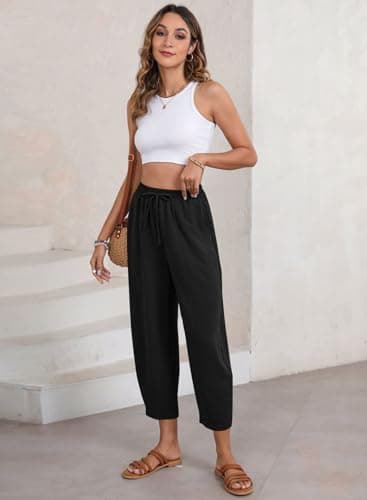 EVALESS Women's Summer High Waisted Baggy Pants Casual Ankle Length Trouser Slacks with Pockets Black XL - Image 5