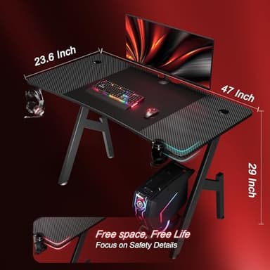 HLDIRECT 47 Inch Gaming Desk, Large Computer Gaming Desk Table with Cable Management, Ergonomic Carbon Fiber Gamer Table Pc Work Home Office Desks with Cup Holder & Headphone Hook & Mouse Pad, Black - Image 3