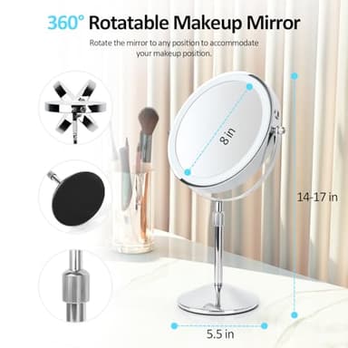 SEAEMIKO 8" Makeup Mirror with Lights, Rechargeable 1x/10x LED Lighted Magnifying Mirror with 3 Colors, 360° Rotation Rechargeable Double Sided Mirror, Touch Dimming, Adjustable Height - Image 2
