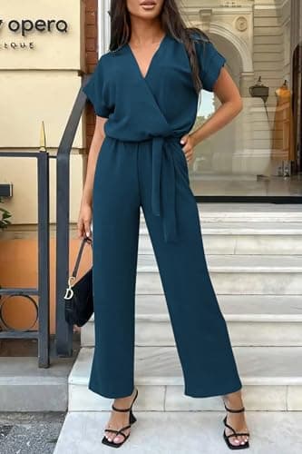 PRETTYGARDEN Women One Piece Outfits Casual Wrap V Neck Short Sleeve Pants Jumpsuits Rompers (Dark Blue,Large) - Image 7