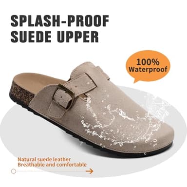 DDXYYDS Suede Clogs Men & Women Unisex Leather Mules Soft Cork Footbed Adjustable Buckle Slip Sandals Potato Shoes with Arch Support Beige - Image 4