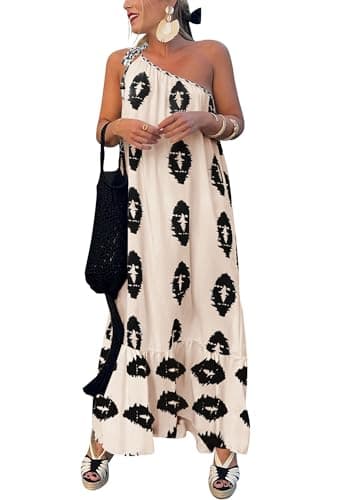 PRETTYGARDEN Women's Summer One Shoulder Maxi Dresses Printed Flowy Boho Beach Vacation Long Sundress (Beige Black Floral,X-Large) - Image 1