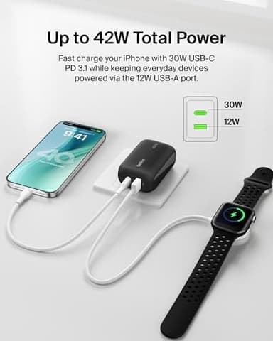 Belkin Dual Port Charger Block 42W, USB-C + USB-A Charger Super Fast Charging - Samsung Galaxy S25, Apple iPhone 17, Air, Pro, Pro Max, iPad, AirPods, Apple Watch, Nintendo Switch 2 & More - Black - Image 3