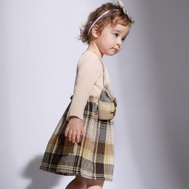 PATPAT Baby Girl Dress Newborn Infant Girls Long Sleeve Fall Ribbed Flannel Dress Toddler Suspender Dress with Bowknot Headband Khaki 6-9 Months - Image 3