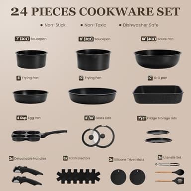 KIKCOIN 24 Pack Pots and Pans Set Non Stick, Detachable Handle Cookware Set, Induction RV Kitchen Cooking Set with Removable Handle, Frying Pans, Egg Pan - Dishwasher/Oven Safe, PFOA Free - Image 2