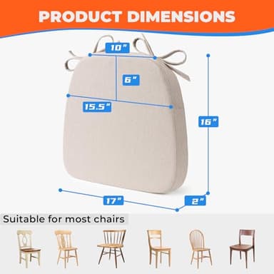 Sunsleek Chair Cushions for Dining Chairs, D-Shaped Seat Cushions with Removable Washable Cover and Ties, Chair Pads for Kitchen, Indoor Dining Room, Patio Chairs, 17'' x 16'', Set of 6, Beige - Image 3