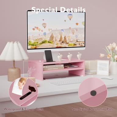 BONTEC Wooden Monitor Stand Riser, 2-Tier Desk Shelf with Storage Organizer, Ergonomic Computer Stand with Cable Management, Cellphone Holder, Pink, 16.5 Inch - Image 6