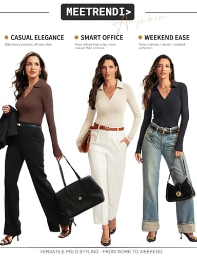 Meetrendi Womens Long Sleeve Work Shirt V Neck Polo Shirts Business Casual Office Top Fitted Basic 2025 Fall Outfit Beige - Image 3