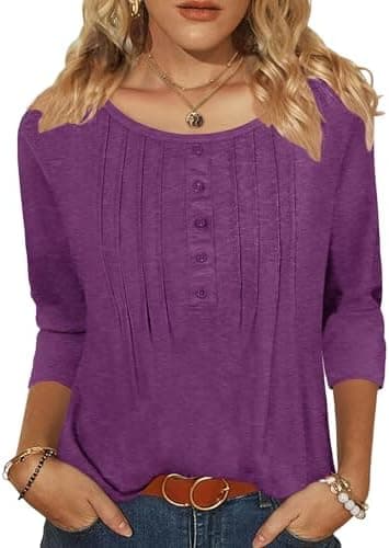 Zeagoo 3/4 Length Sleeve Womens Tops Round Neck Casual Summer Tunic Tops Basic Tees Blouses Dressy T-Shirts Pleated Shirts - Image 4