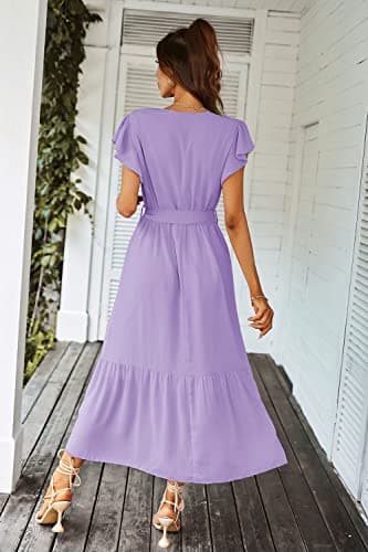 PRETTYGARDEN Women's Summer Floral Boho Dress Wrap V Neck Short Sleeve Ruffle A-Line Flowy Maxi Wedding Guest Dresses (Solid Purple,X-Large) - Image 3