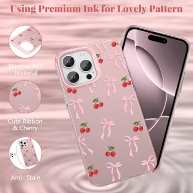 ZTOFERA for iPhone 16 Pro Max Case,Cute Pink Ribbon Bow Tie Planet Star Floral Aesthetic Phone Case,Trendy Slim Hard IMD Shockproof Protective Bumper Phone Cover for Women Girls,Cherry - Image 3