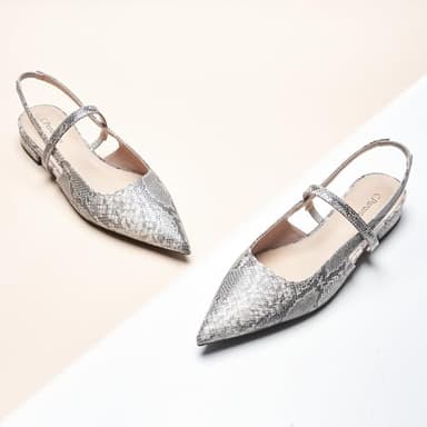 C.Paravano Snake-Print Women's Slingback Flats, Pointed Toe Kitten Heels, Low Heel Pumps, Ankle Strap Leather Dress Shoes for Office and Casual Wear(Size 11.5,Snakeskin Light Grey Flats) - Image 2