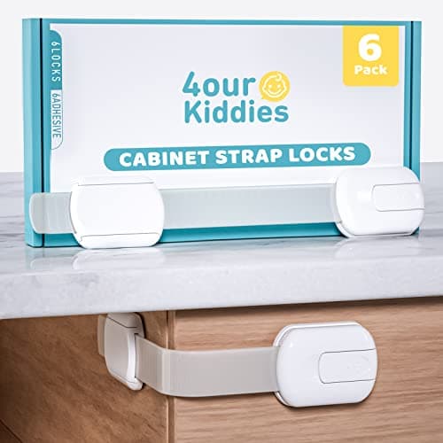 4our Kiddies Child Safety Cabinet Locks for Babies (6 Pack), Child Proof Latches for Cabinets and Drawers Doors, Baby Proofing Cabinet Strap Locks for Cupboard and Closet with 6 Pcs Extra 3M Adhesives - Image 1