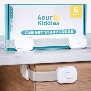4our Kiddies Child Safety Cabinet Locks for Babies (6 Pack), Child Proof Latches for Cabinets and Drawers Doors, Baby Proofing Cabinet Strap Locks for Cupboard and Closet with 6 Pcs Extra 3M Adhesives - Image 1