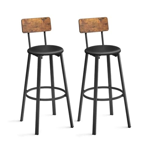 VASAGLE Bar Stools, Set of 2 PU Upholstered Breakfast Stools, 29.7 Inches Barstools with Back and Footrest, Simple Assembly, for Dining Room Kitchen Counter Bar, Rustic Brown and Black ULBC069B81 - Image 1
