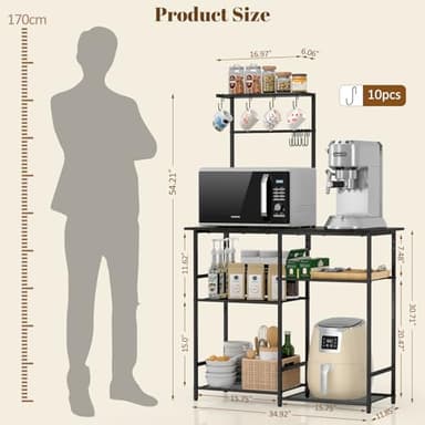 3IngSeagulls Baker's Rack for Kitchen with Storage, Microwave Stand with Adjustable Shelves, Kitchen Stand with 10 S Hooks, 6-Tier Coffee Bar Station, Kitchen Shelves for Spices, Pots, Gray - Image 2