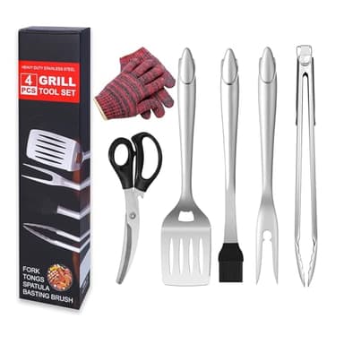 BleezeBlessz BBQ Gift Tool Set 6 Piece BBQ Accessories with Spatula, Fork, Brush, Protective Gloves, Scissors and Grill Tongs - Heavy Duty, Stainless Steel - Image 1