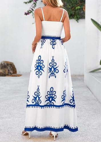 PRETTYGARDEN Summer Dress for Women 2025 Floral Sundress Spaghetti Strap Flowy Beach Vacation Boho Maxi Dresses (White Blue Floral,Small) - Image 2