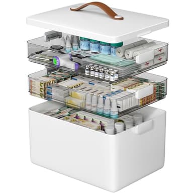 CTIME 3-Tier Medicine Organizer - Portable Medicine Cabinet with Leather Handle, Empty First Aid Kit for Home - Image 1