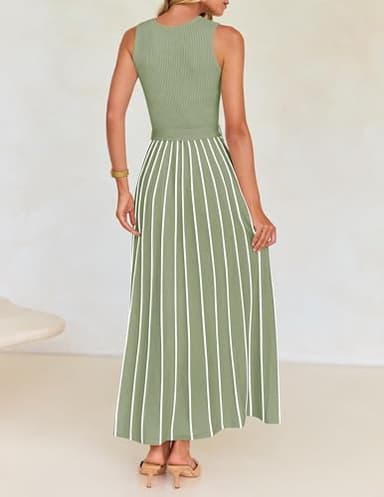 ZESICA Women's Summer Sleeveless Midi Dress 2025 Crewneck Ribbed Knit Tie Waist Casual A Line Swing Dresses,LightGreen,Medium - Image 3