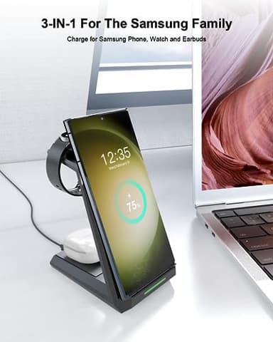 Wireless Charger for Samsung - NANAMI 3 in 1 Charging Station for Multiple Devices, Fast Charger Stand for Galaxy S25 S24 S23 Ultra S22 S21 Z Flip Fold 4,Galaxy Watch 6/5/5 Pro/4/3, Galaxy Buds 2 Pro - Image 2