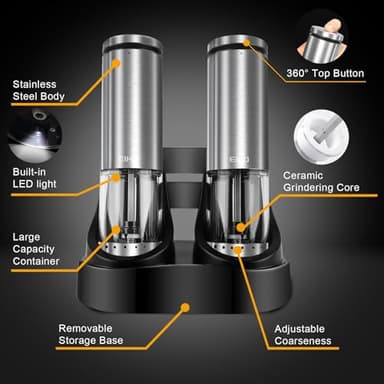 EIHO Electric Salt and Pepper Grinder Set USB Rechargeable, Upgraded External Adjustable Coarseness, Stainless Steel Automatic Salt and Pepper Shakers Mills with LED Light, House Warming Cooking Gifts - Image 6