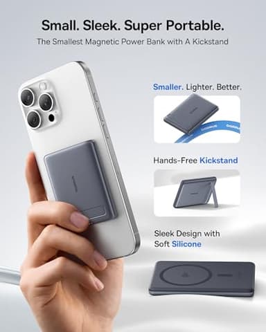 Baseus Picogo Power Bank, Smallest 5000mAh Magnetic Portable Charger with Stand, Qi2 Certified 15W Ultra-Mini MagSafe Battery Pack, Alloy Wireless Travel Fast Charger for iPhone 17/16 Series(Grey) - Image 3