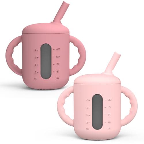 Seposeve 2 Pack Silicone Sippy Cups, Leak-Proof Baby Straw Cup for 6-12 Months, Spill Proof Toddler Cup with Straw 1-3 Years, with Capacity Marking, Non-slip Handle, Flow Control, 6 oz, Purple Pink - Image 1