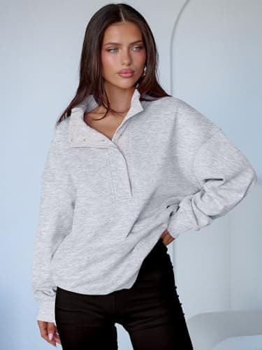 ANRABESS Womens Oversized Sweatshirt Long Sleeve Henley Pullover Tops 2025 Fall Casual Button Loose Fit Teens Fashion Outfits Light Grey Large - Image 4