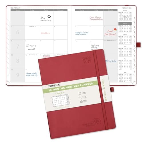 POPRUN Monthly Planner 2026-2027 (Large- 8.5" x 10.5" Soft Cover), 18-Month Calendar Book (Jan.2026 - Jun. 2027), Calendar Planner with Monthly Tabs & Pocket, 100 GSM Paper - Burgundy - Image 1