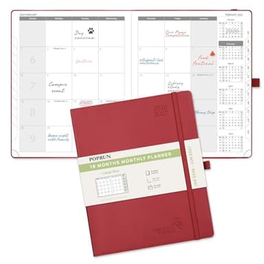 POPRUN Monthly Planner 2026-2027 (Large- 8.5" x 10.5" Soft Cover), 18-Month Calendar Book (Jan.2026 - Jun. 2027), Calendar Planner with Monthly Tabs & Pocket, 100 GSM Paper - Burgundy - Image 1
