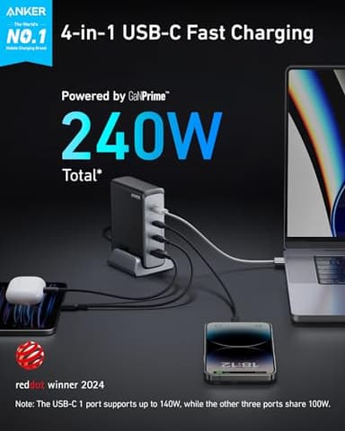 Anker Prime USB C Charger, 240W 4-Port Fast Compact GaN Charger for MacBook Pro/Air, iPhone 16/15/Pro, iPad Pro, Galaxy S23/S22 and More - Image 2
