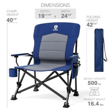 EVER ADVANCED Oversized Folding Camping Chair for Adults with Adjustable Lumbar Support, Heavy Duty Chair with Side Pockets, Portable Collapsible Quad Chair for Outside, Support Up to 500lbs,Blue - Image 8