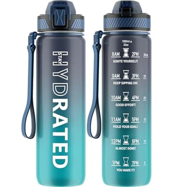 QLUR Water Bottle with Straw, 32oz Motivational Water Bottles with Time Marker to Drink, Tritan BPA Free, 1L Sports Water Bottle with Carry Strap LeakProof for Women Gym Fitness Outdoor (1 Pack) - Image 1