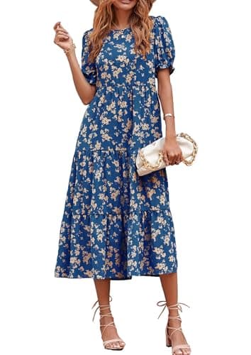 PRETTYGARDEN Summer Dresses for Women 2025 Casual Floral Boho Midi Sun Dress Puff Short Sleeve Flowy Beach Vacation Sundress (Blue Apricot,Small) - Image 1
