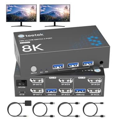 Hearvo 8K@60Hz KVM Switch 2 Monitors 2 Computers DisplayPort, USB3.0 KVM Switches, 4K@120Hz Dual Monitor for 1 Set of Keyboard Mouse Printer and U Disk with EDID Adaptive 2 USB Cables - Image 1