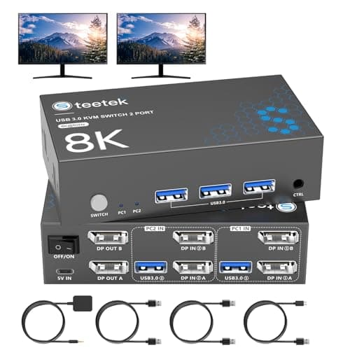 Hearvo 8K@60Hz KVM Switch 2 Monitors 2 Computers DisplayPort, USB3.0 KVM Switches, 4K@120Hz Dual Monitor for 1 Set of Keyboard Mouse Printer and U Disk with EDID Adaptive 2 USB Cables