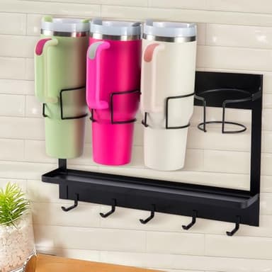 CINPIUK Water Bottle Organizer Holder, Magnetic Cup Rack Storage for Stanley & Large Tumbler, Space Saving Wall Mount Bottle Organizer with 5 Hook, Easy to Install, Black - Image 6