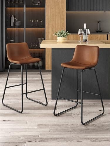 Aowos Bar Stools Set of 2, 26 Inches Counter Height Bar Stools with Back, Modern Faux Leather Barstools with Metal Legs and Footrest, Bar Chairs for Kitchens Island (Dark Brown) - Image 1