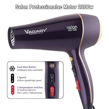 VAGARY 6690A Salon Pro Hair Dryer for Women,2200w Powerful AC Motor Fast Drying, Ionic Blow Dryer for Thick Hair,2 Speeds and 2 Heat Settings 1 Cool Shot Button(1 Diffuser and 1Concentrator) - Image 3
