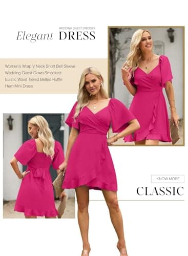Dokotoo Womens Summer Wrap V Neck Short Flared Sleeve Smocked Elastic Waist Tiered Belted Ruffle Hem Mini Dress Graduation Dress Rose Red M - Image 3