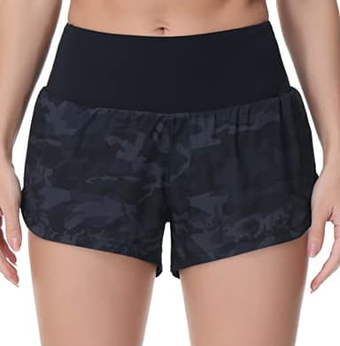 THE GYM PEOPLE Womens High Waisted Running Shorts Quick Dry Athletic Workout Shorts with Mesh Liner Zipper Pockets (Black Grey Camo, Medium) - Image 2