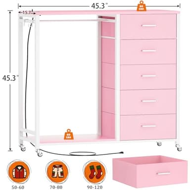 Cyclysio Dresser with Hanging Rack, 5 Fabric Drawers Dresser with Clothes Rack, Wooden Top Storage Chest of Drawers with Charging Station & LED Lights, Lockable Wheels, Closet - Image 2