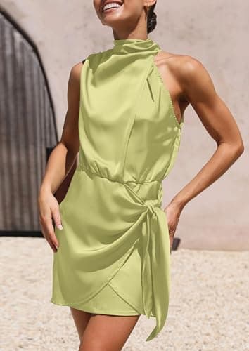 PRETTYGARDEN Women's Short Formal Satin Dress Summer Sleeveless Mock Neck Tie Waist Cocktail Party Dresses (Tender Green,Small) - Image 8