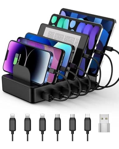 CREATIVE DESIGN 50W 6 Ports Multi Charger Station with 6 Charging Cables, USB Charging Dock for Multiple Devices, Compatible with Cellphone iPad Kindle Tablet and Other Electronic Devices - Image 1