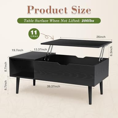 OLIXIS Wooden Coffee Table, Lift Top Coffee Table with Large Hidden Compartment and Ample Storage Shelf, Lift Tabletop Dining Table for Living Room, Home Small Space, Charcoal - Image 2